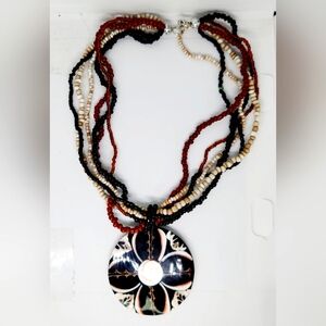 Mosaic Sea Shiva Shell Pendant Multi strand twist Black Glass Seed Bead Necklace